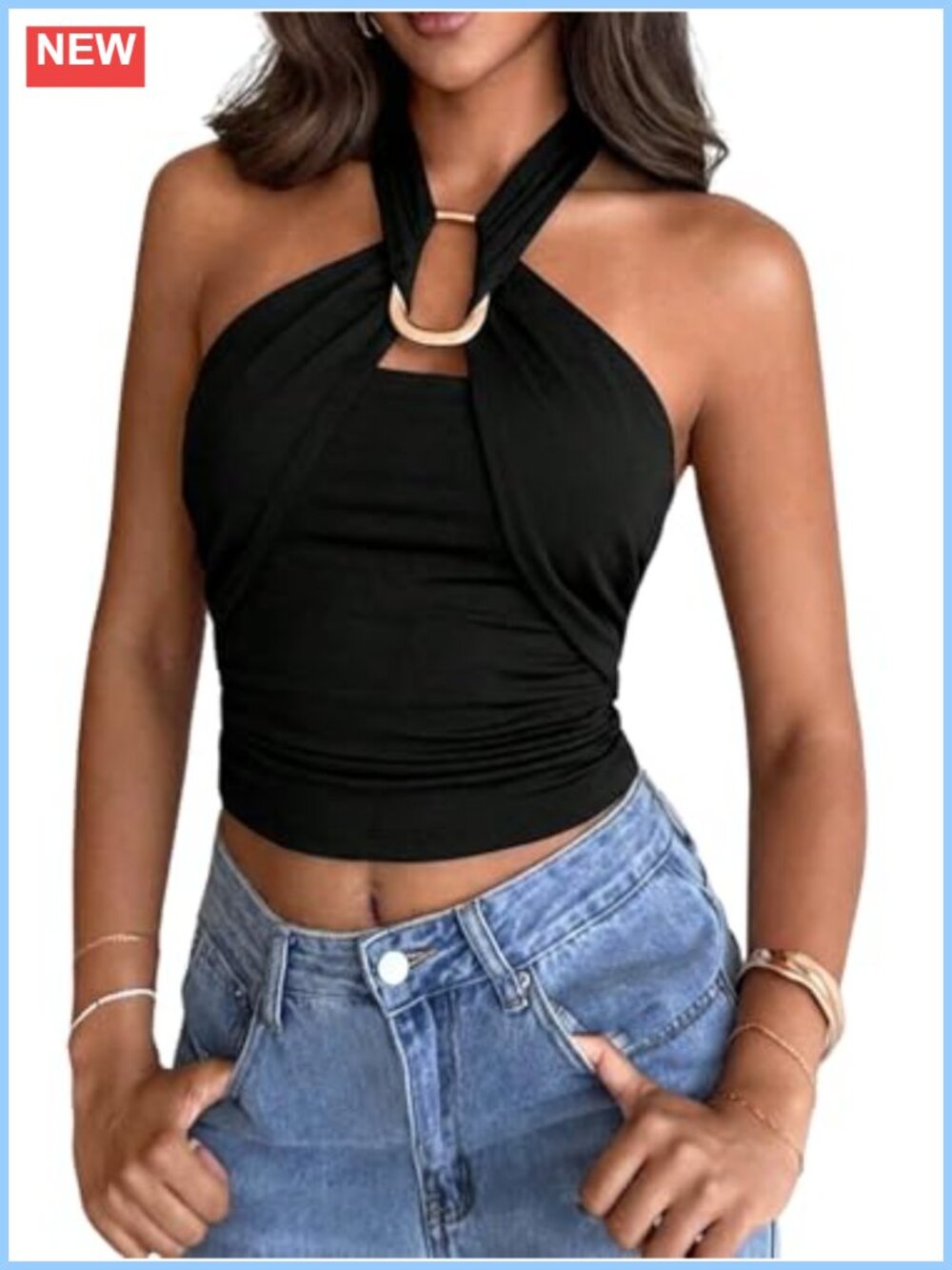 Y2k Metal Halter Top Ruched Tie Backless Sleeveless Slim Fit Summer Party Top